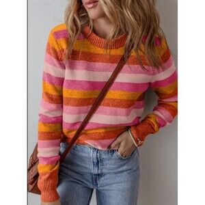 Women's Orange Striped Round Neck Long Sleeve Sweater